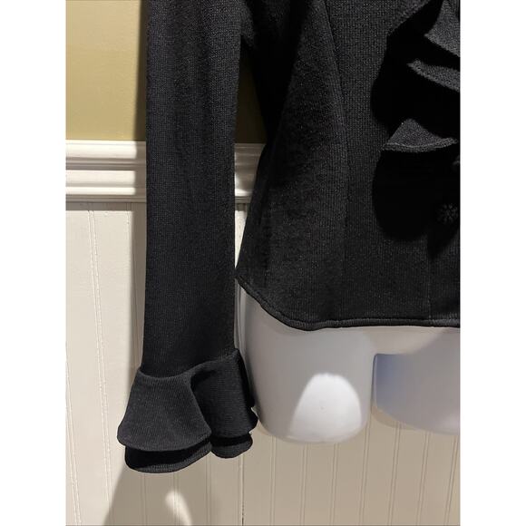 Vtg St John Black Santana Knit, Ruffled Front & Sleeve Cuff Jacket Size 2 EUC - Picture 6 of 8